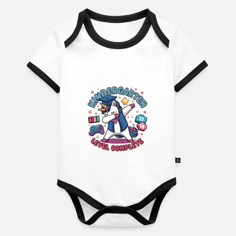 Kindergarten Level Complete - Einschulung - Baby Bio-Kurzarm-Kontrastbody - Weiß/Schwarz 