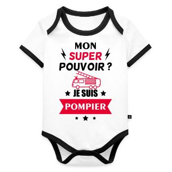 Mon super pouvoir être pompier, fête des pères - Body Bébé bio contrasté manches courtes - blanc/noir  - Devant