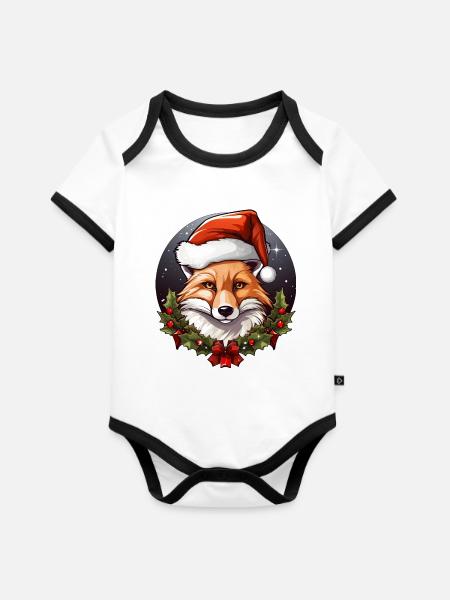 Fuchs Weihnachten - Baby Bio-Kurzarm-Kontrastbody - Weiß/Schwarz