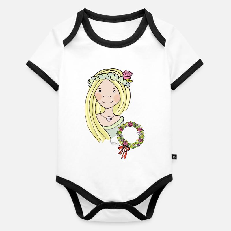 Mittelalter, Blumenmädchen, blond, Rose - Baby Bio-Kurzarm-Kontrastbody - Weiß/Schwarz 