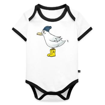 Möwe mit Gummistiefeln - Baby Bio-Kurzarm-Kontrastbody - Weiß/Schwarz  - Vorne