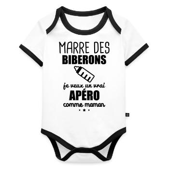 Marre des biberons, cadeau naissance, grossesse - Body Bébé bio contrasté manches courtes - blanc/noir  - Devant