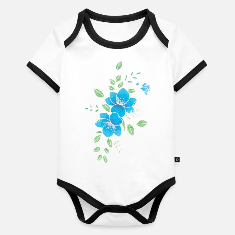 Fleur bleu et blanche - Body Bébé bio contrasté manches courtes - blanc/noir 