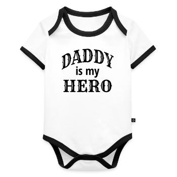 Papa Père Héros Fils Fille Enfant Papa est mon héros - Body Bébé bio contrasté manches courtes - blanc/noir  - Devant