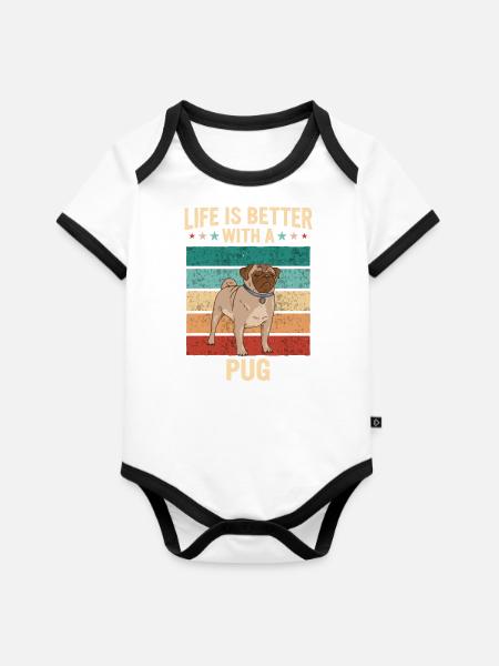 Mops Möpse Hund - Baby Bio-Kurzarm-Kontrastbody - Weiß/Schwarz