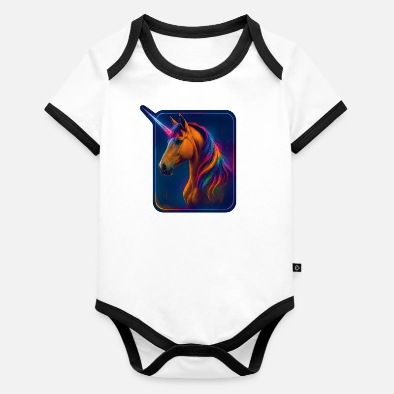 Wunderschönes braunes Einhorn – Neon Style Artwork - Baby Bio-Kurzarm-Kontrastbody - Weiß/Schwarz 
