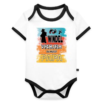 Baby Papa Windel wechseln Sprüche - Baby Bio-Kurzarm-Kontrastbody - Weiß/Schwarz  - Vorne