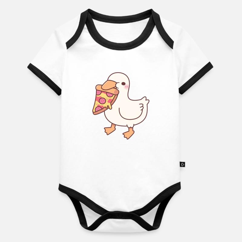 Mignon canard blanc avec tranche de pizza au pepperoni - Body Bébé bio contrasté manches courtes - blanc/noir 