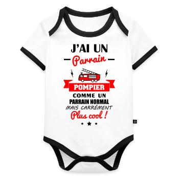 J'ai un parrain pompier,cadeau de naissance camion - Body Bébé bio contrasté manches courtes - blanc/noir  - Devant