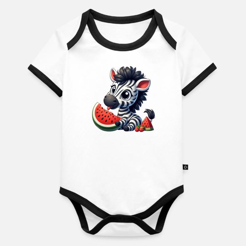 Zèbre avec pastèque fruité drôle - Body Bébé bio contrasté manches courtes - blanc/noir 