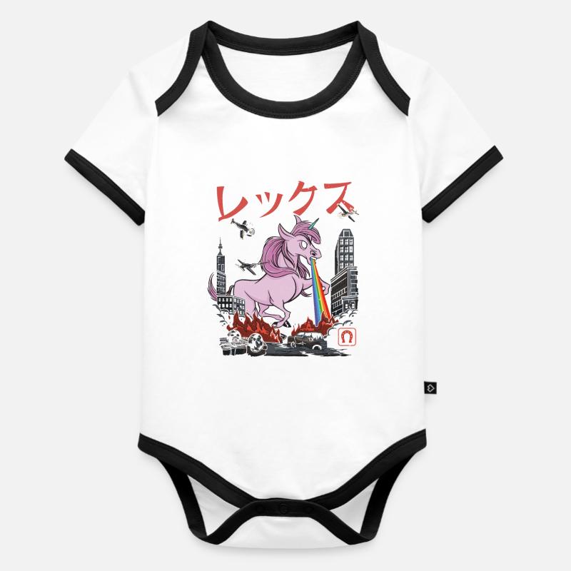 Wütendes Einhorn mit Regenbogen Strahl - Baby Bio-Kurzarm-Kontrastbody - Weiß/Schwarz 
