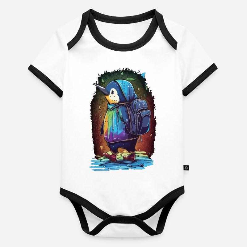 Pingouin sur le chemin de l’école Body Bébé bio contrasté manches courtes