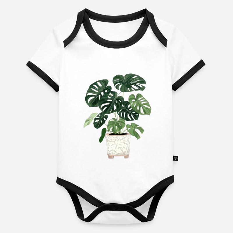 Monstera dans un pot Body Bébé bio contrasté manches courtes