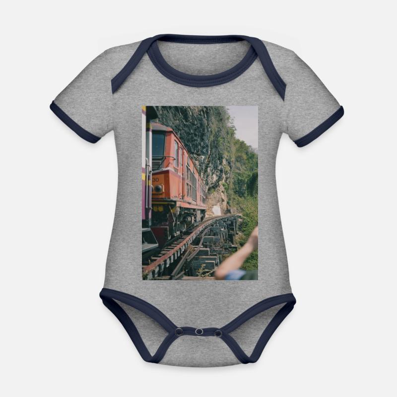Train Train - Body Bébé bio contrasté manches courtes - gris chiné/bleu marine