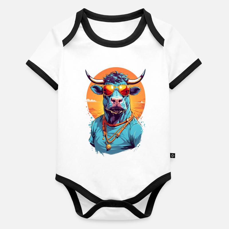 Cool Colourful Bull in Sunglasses Organic Baby Contrasting Bodysuit