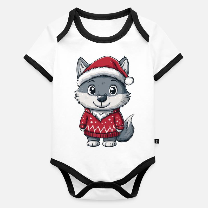 Bande dessinée de Noël loup Body Bébé bio contrasté manches courtes