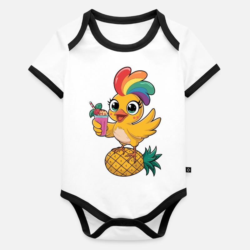 Süßes tropisches Huhn mit Regenbogenfedern Baby Bio-Kurzarm-Kontrastbody