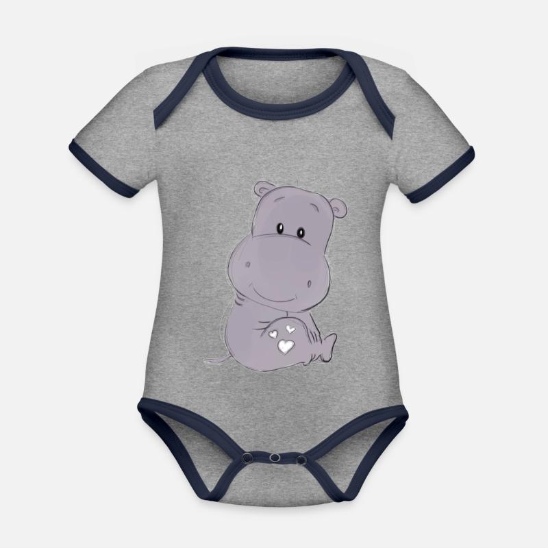 hippopotame - Body Bébé bio contrasté manches courtes - gris chiné/bleu marine