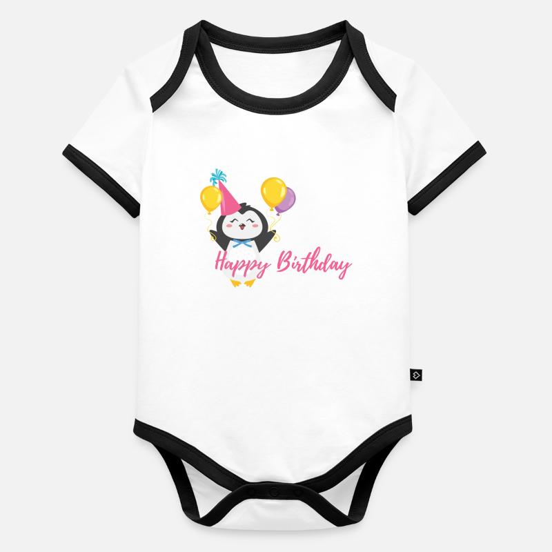 Pingouin Joyeux anniversaire - Body Bébé bio contrasté manches courtes - undefined