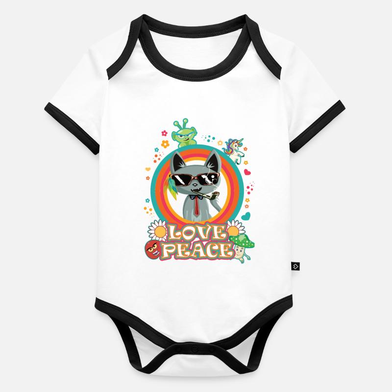 Love and Peace Katze - cooles Hippie Design Baby Bio-Kurzarm-Kontrastbody