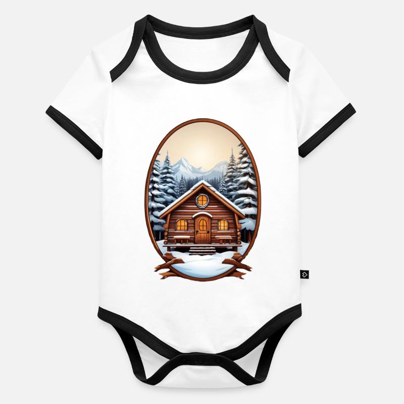 Cabane en bois, maison de Noël Body Bébé bio contrasté manches courtes