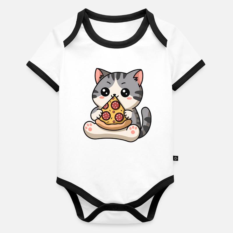 Chat et pizza Body Bébé bio contrasté manches courtes