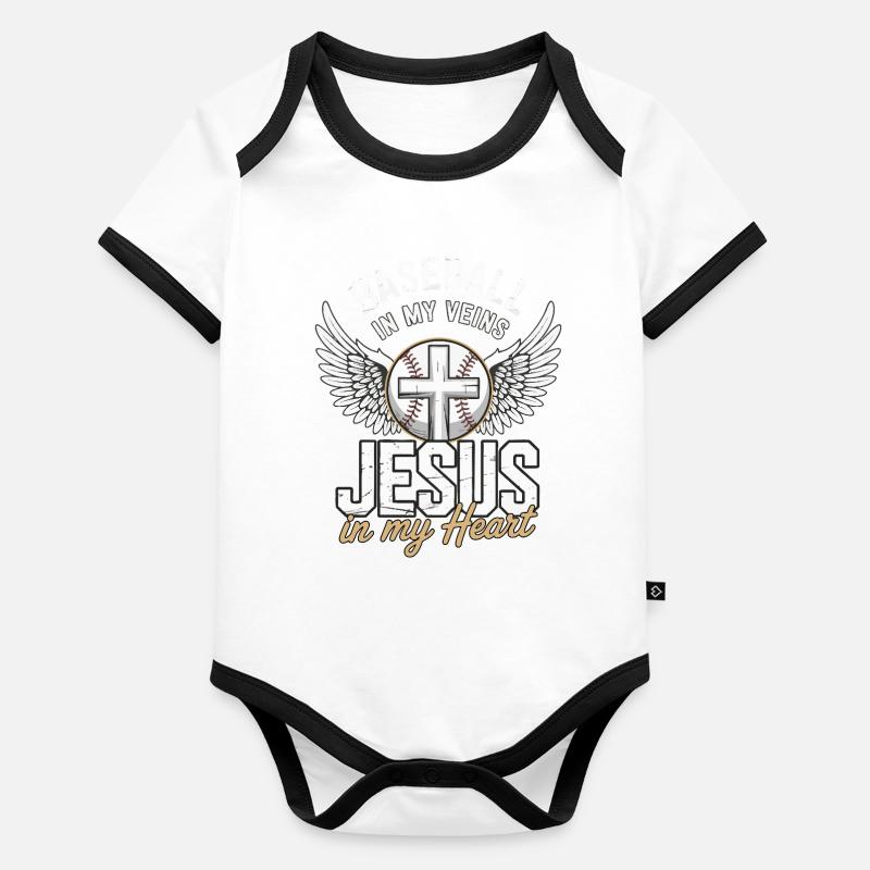Baseball & Jesus – Cross with Wings Design Organic Baby Contrasting Bodysuit