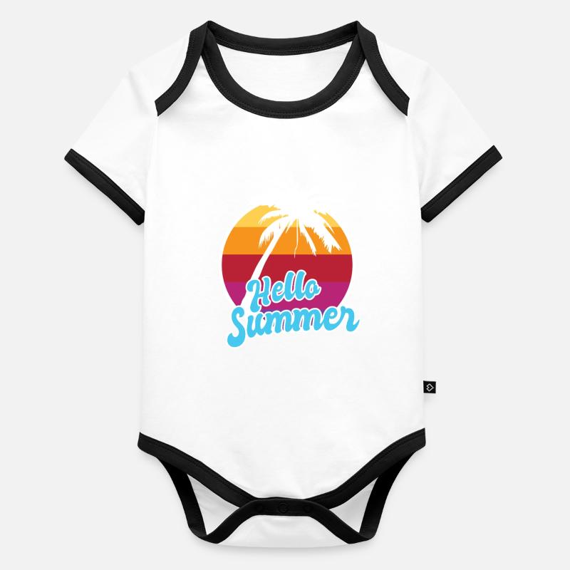 Hello Summer Retro Sunset Palm Art Organic Baby Contrasting Bodysuit