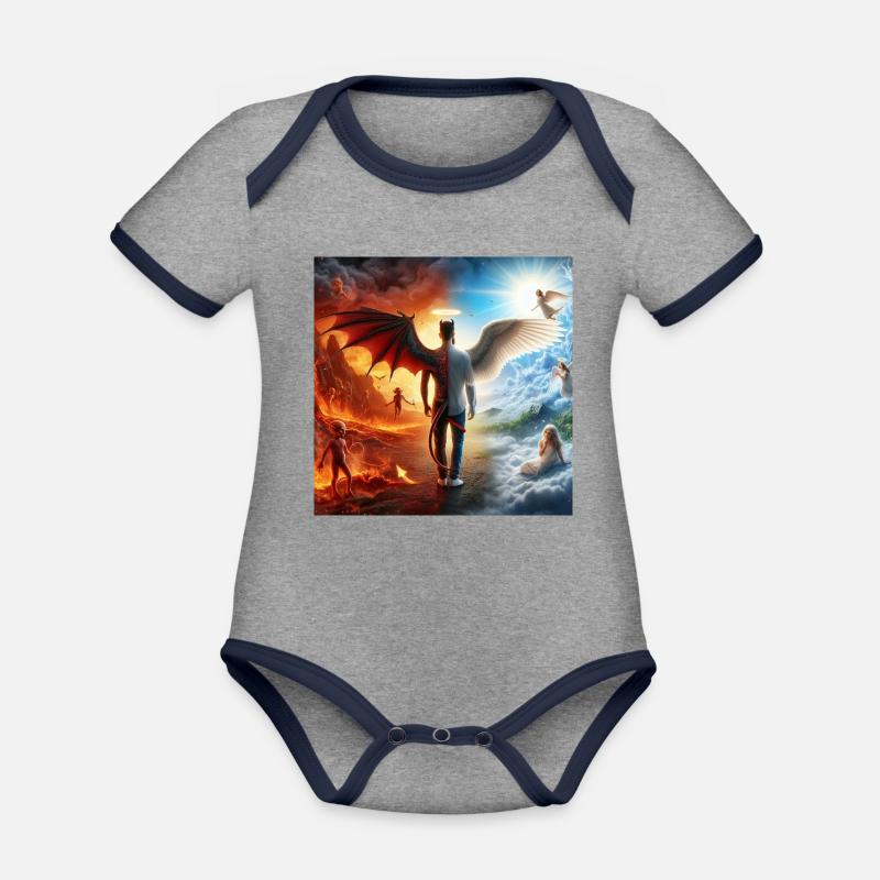 Equilibre Céleste et Infernal - Body Bébé bio contrasté manches courtes - gris chiné/bleu marine