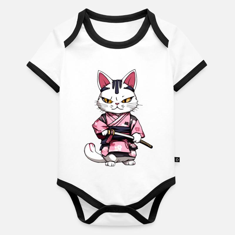 Chat samouraï & fleurs de cerisier #2 Body Bébé bio contrasté manches courtes