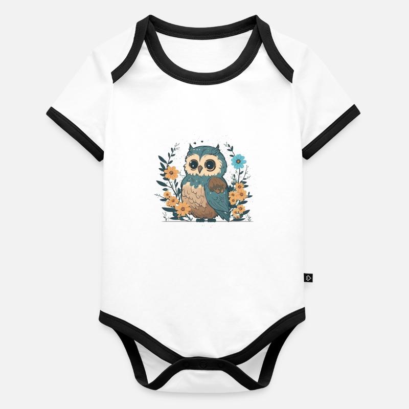Hibou mignon dans la forêt de fleurs 1 Body Bébé bio contrasté manches courtes