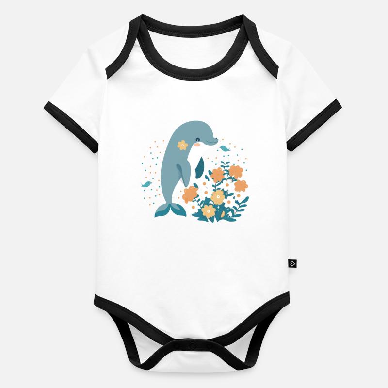 Charmant dauphin dans la mer de fleurs 3 Body Bébé bio contrasté manches courtes