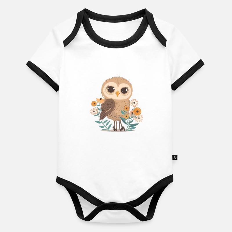 Hibou mignon dans la forêt de fleurs 2 Body Bébé bio contrasté manches courtes