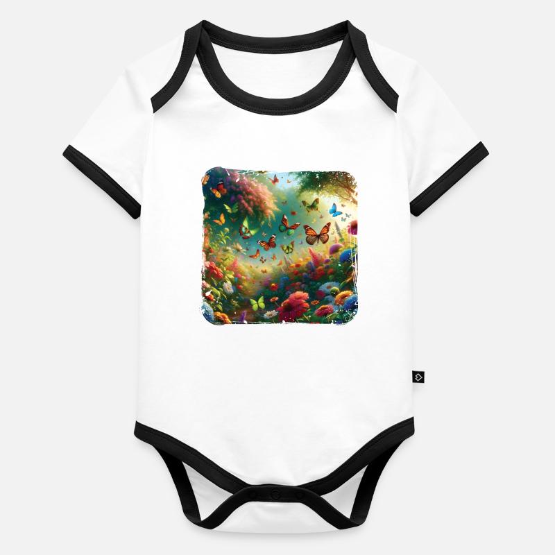 Lebendiges Gemälde Schmetterlinge Flora Fauna Baby Bio-Kurzarm-Kontrastbody