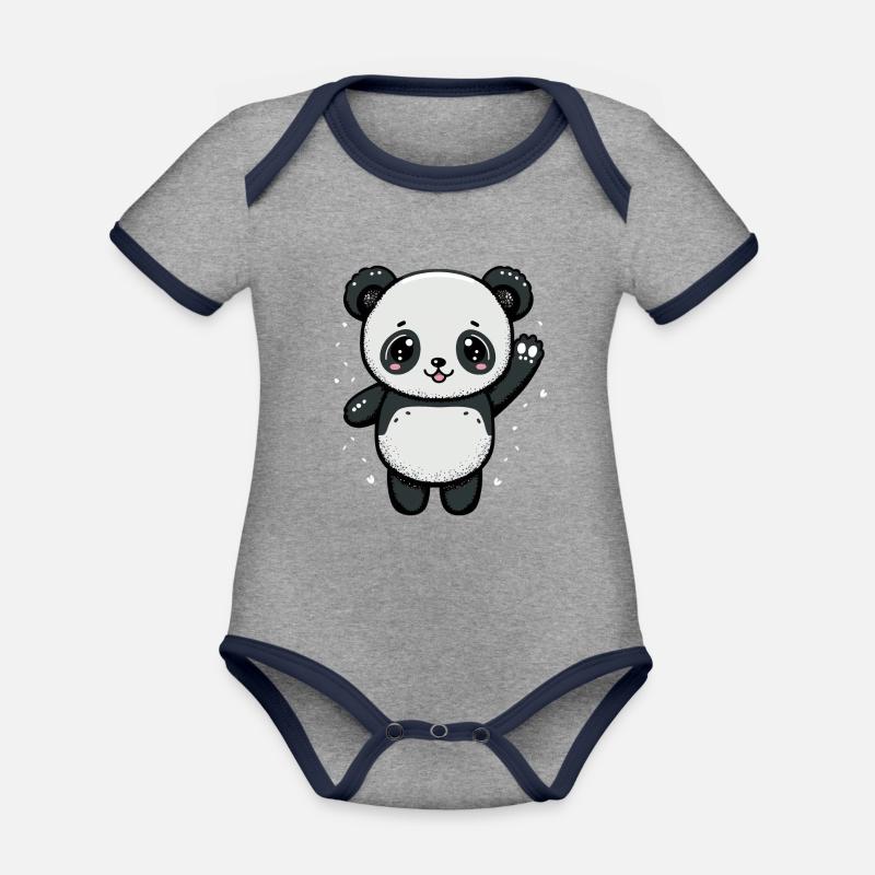 Kawaii Panda, aimer - Body Bébé bio contrasté manches courtes - gris chiné/bleu marine