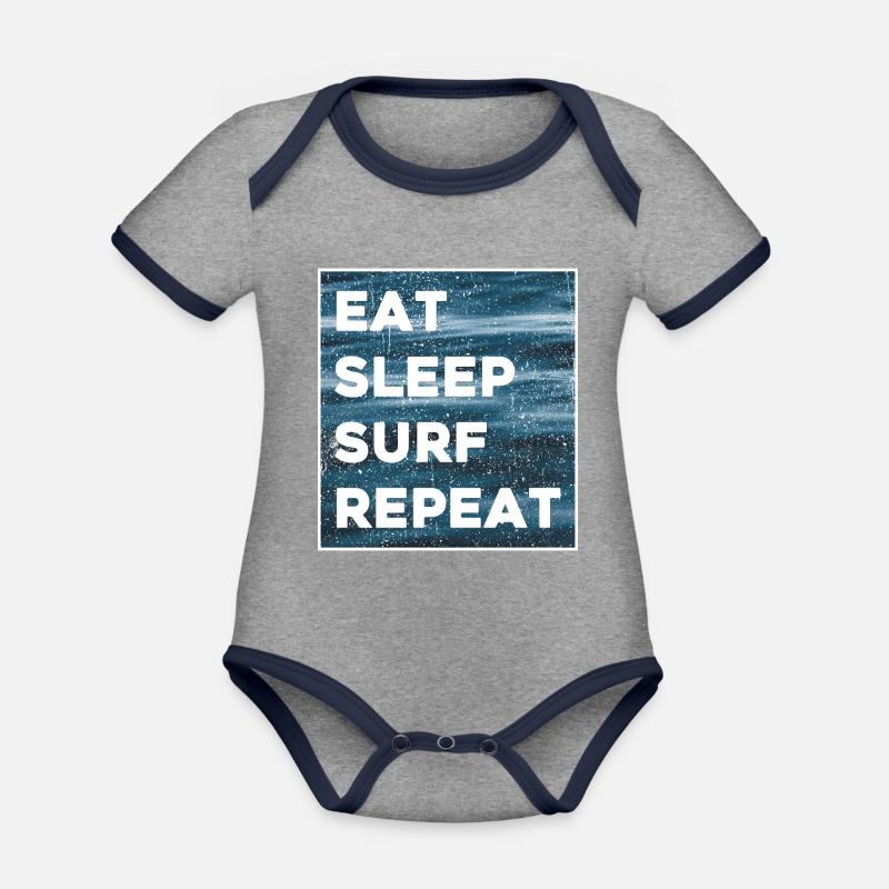 Eat Sleep Surf Repeat - Body Bébé bio contrasté manches courtes - gris chiné/bleu marine