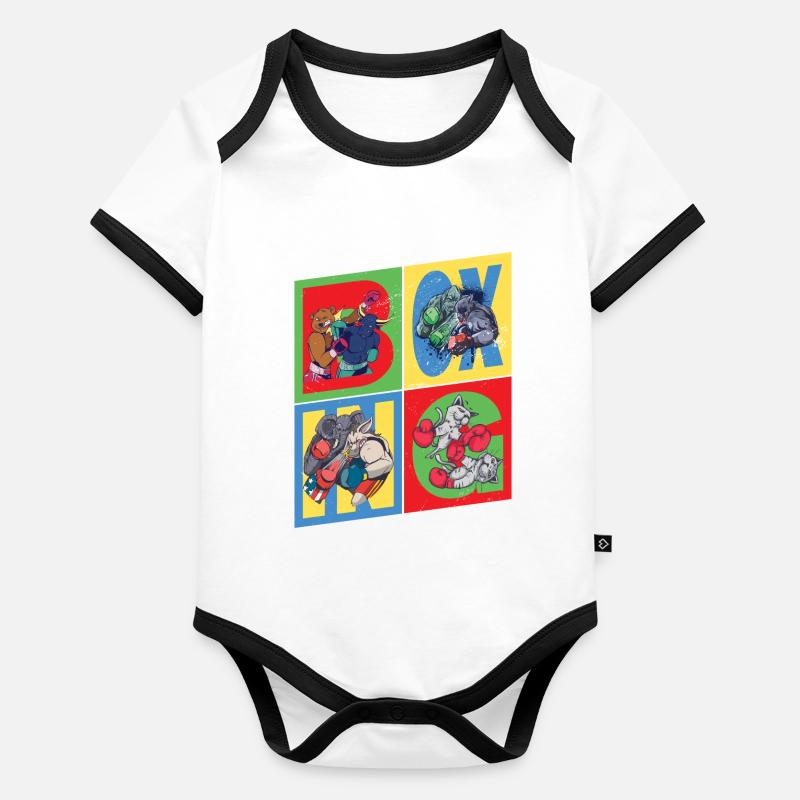 Boxe Boxer Boxe Match Sport Animaux Dessin animé Comic Body Bébé bio contrasté manches courtes