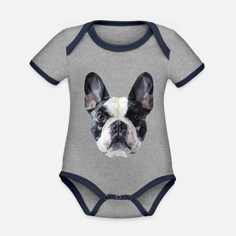 Bouledogue français Low Poly Design - Body Bébé bio contrasté manches courtes - gris chiné/bleu marine