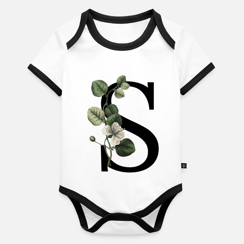 lettre S botanique vert Body Bébé bio contrasté manches courtes
