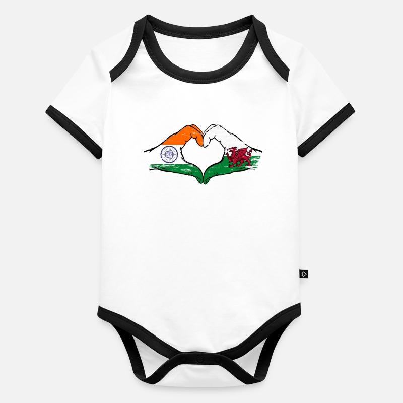 Drapeau de l’Inde Pays de Galles mains forme de coeur utilisé Body Bébé bio contrasté manches courtes