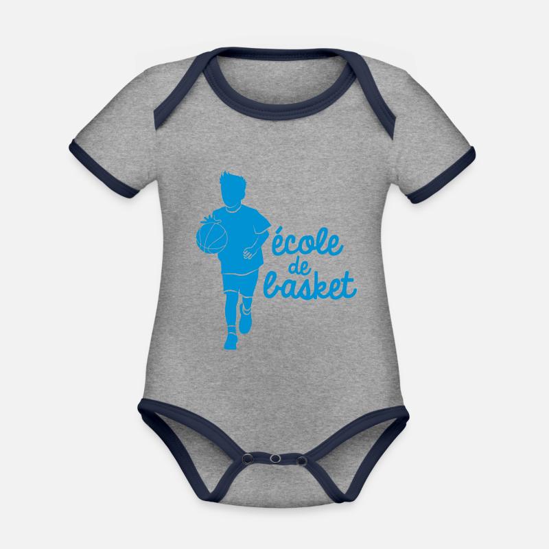 Ecole de basket-ball - Body Bébé bio contrasté manches courtes - gris chiné/bleu marine