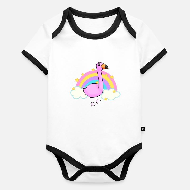 Flamant rose et un dessin animé arc-en-ciel Body Bébé bio contrasté manches courtes