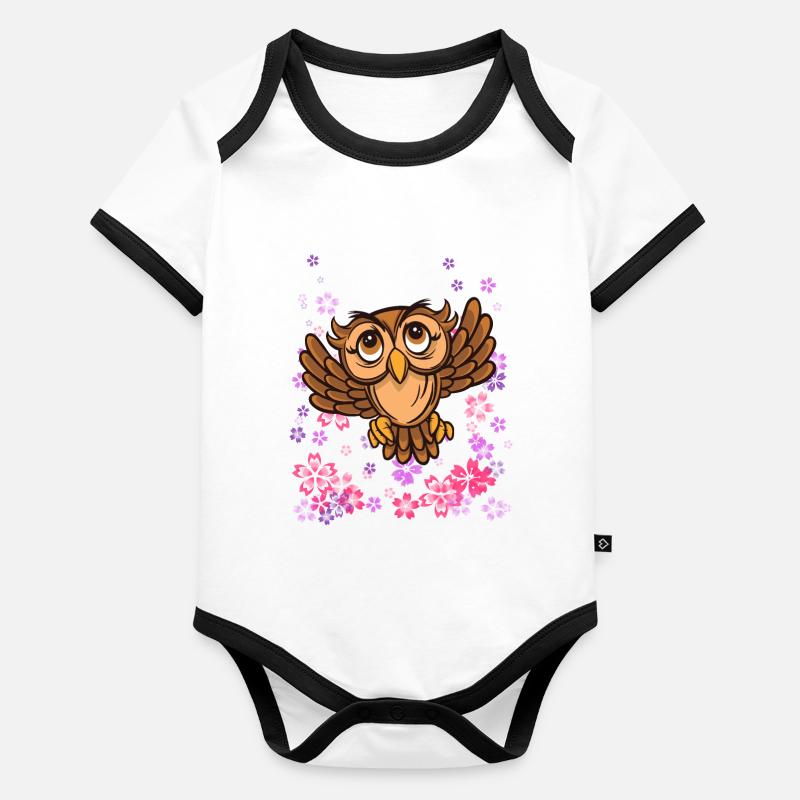 Hibou brun à fleurs Body Bébé bio contrasté manches courtes