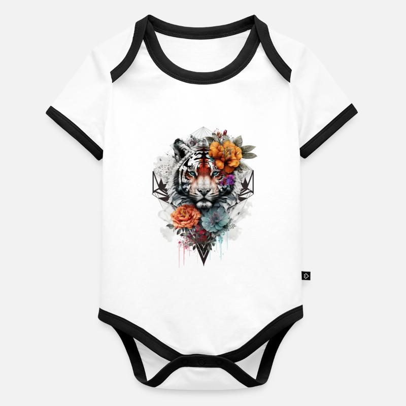 Tiger Blumen Mandala Kunst Geschenk Blaue Augen Baby Bio-Kurzarm-Kontrastbody