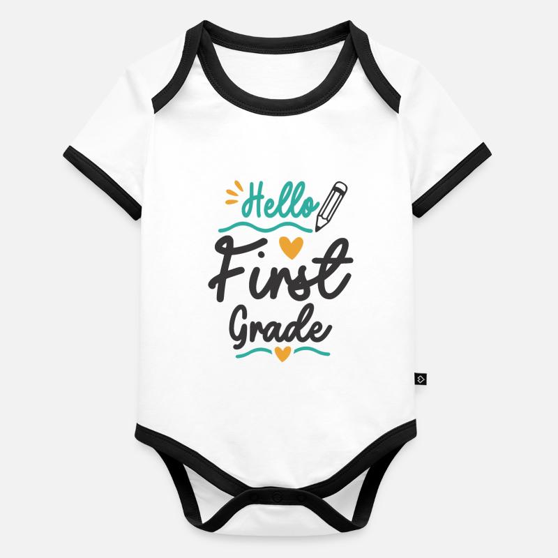 Hello First Grade Back To School Teacher Student Organic Baby Contrasting Bodysuit
