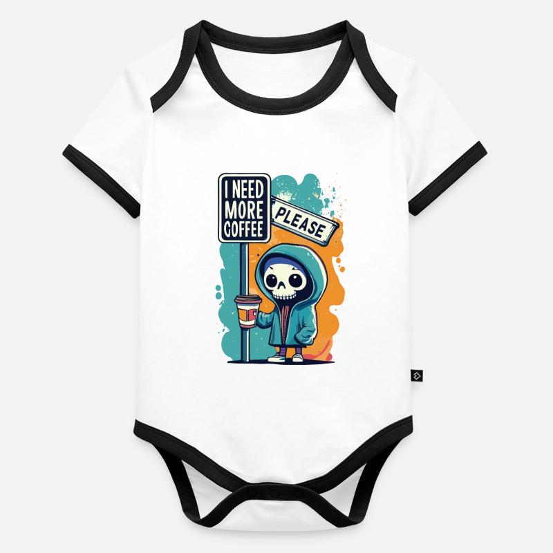 Skeleton Skull I NEED MORE COFFEE Coffee Saying Organic Baby Contrasting Bodysuit