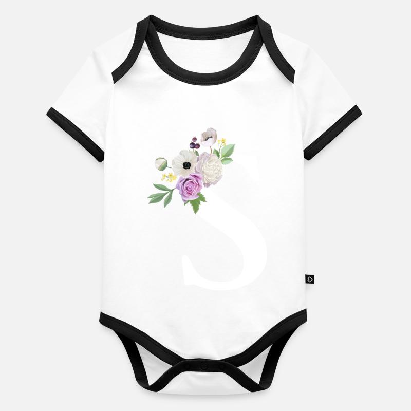 Lila Blumenbuchstabe S Baby Bio-Kurzarm-Kontrastbody