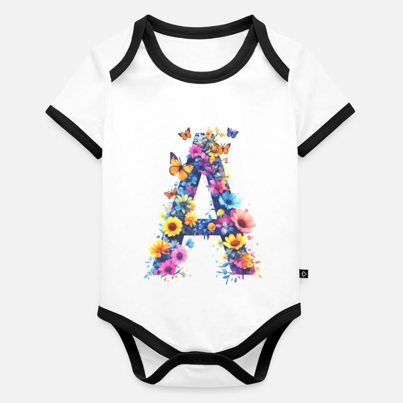 A - Lettre initiale florale 💐🌼🦋 Body Bébé bio contrasté manches courtes