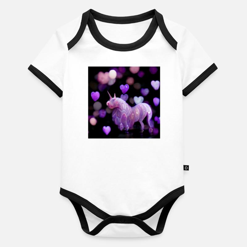 Licorne violette avec des cœurs Body Bébé bio contrasté manches courtes