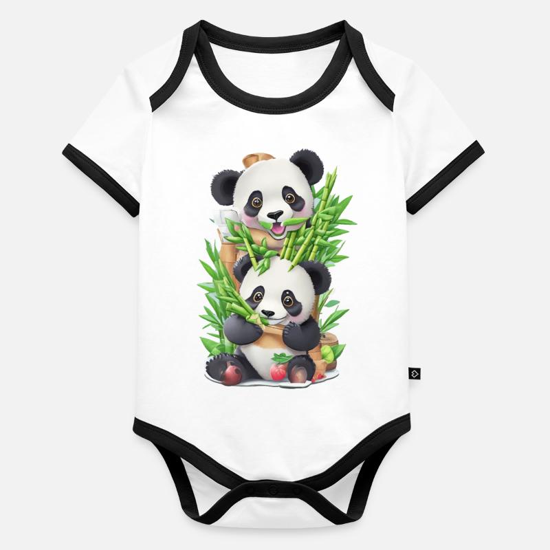 L’ours panda mange du bambou Body Bébé bio contrasté manches courtes